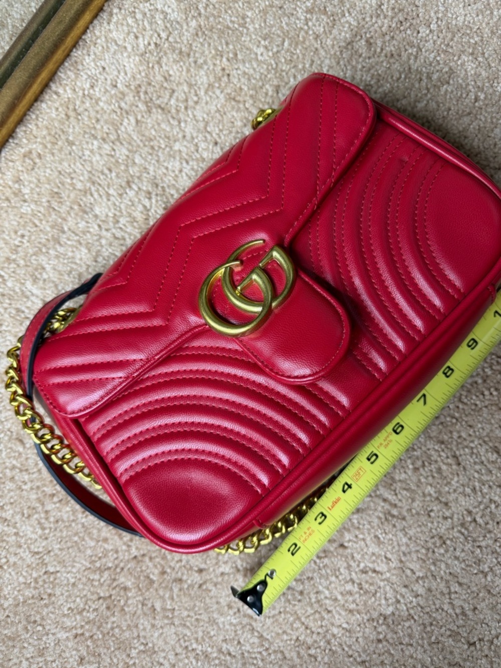 Red Quilted GG Style Gold Chain Shoulder Bag Chevron Heart Detail ❤️✨ - Picture 4 of 13